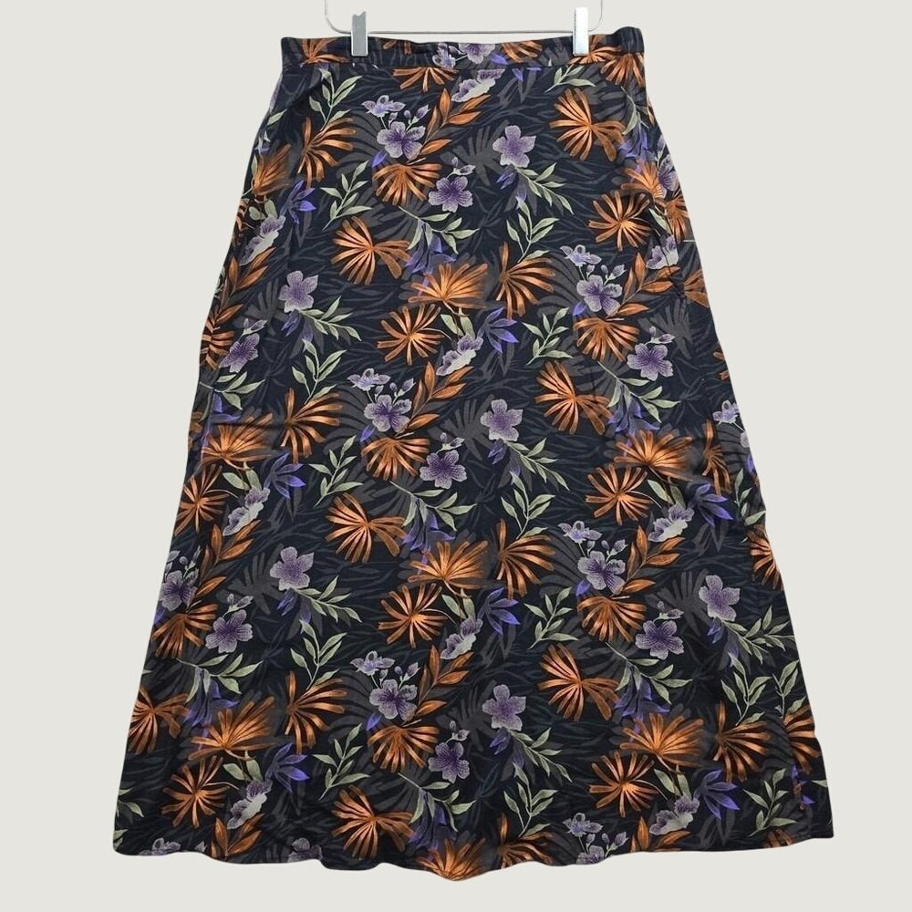 Sag Harbor Tropical Floral Rayon Maxi Skirt Womens Medium Black Orange Boho
